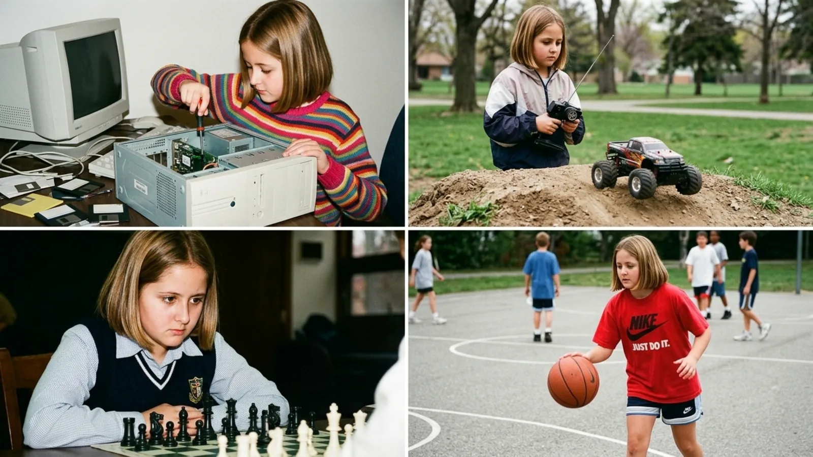 Sarah de niña jugando al ajedrez